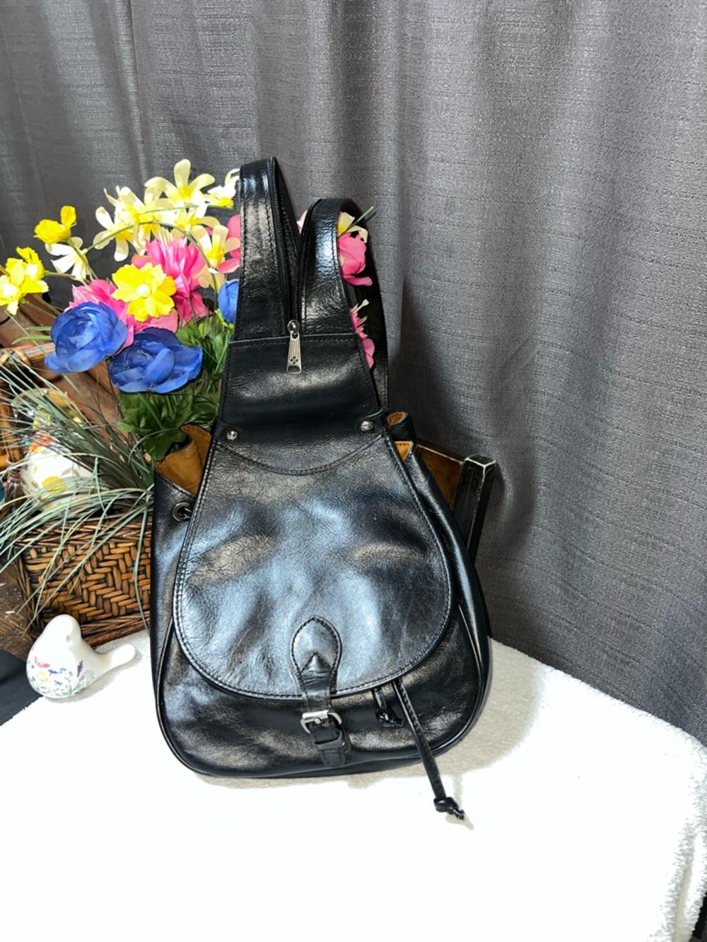 Patricia Nash Itala Leather Suede Sling Backpack Purse Bag Tote Buckles